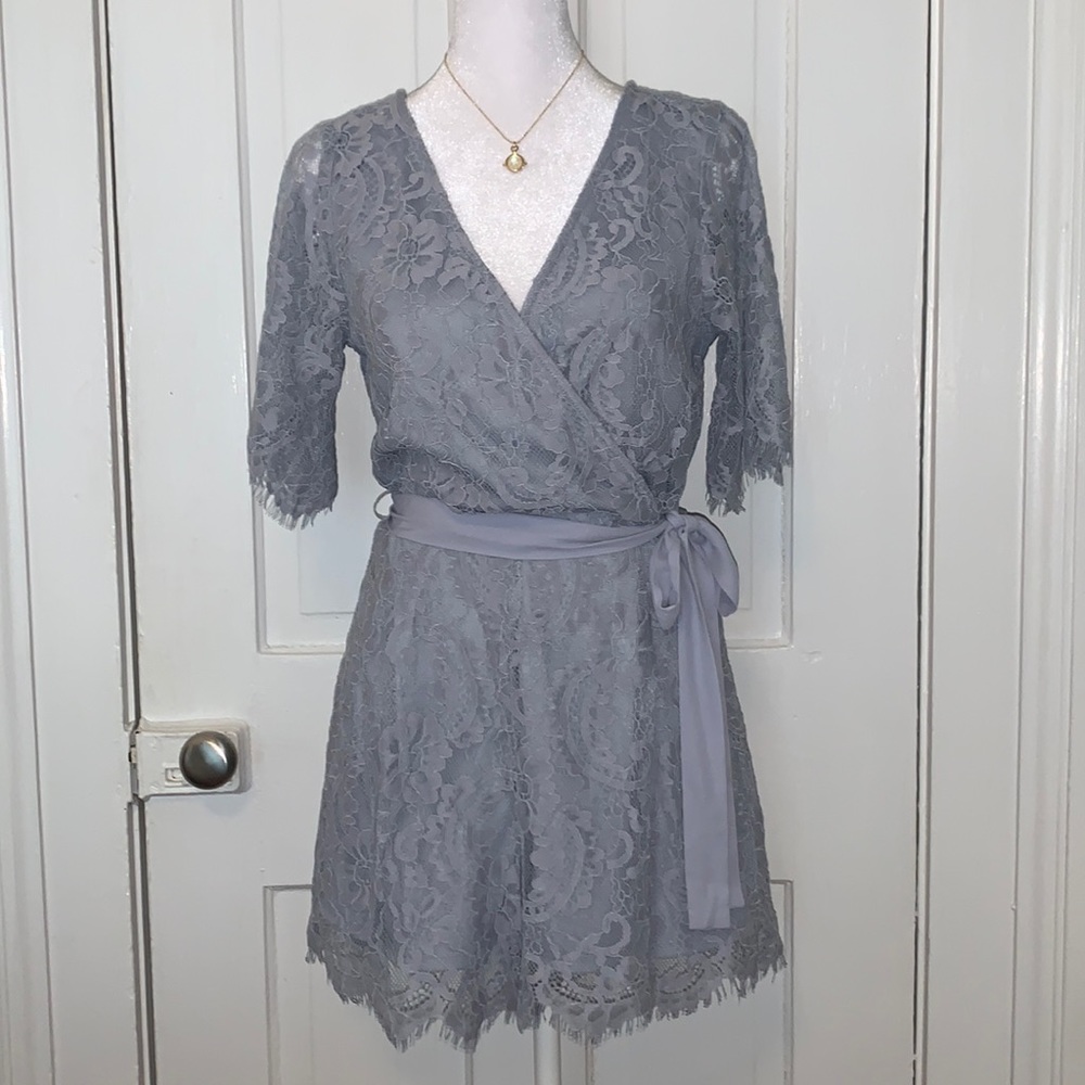 Trixxi Lace Wrap Romper in Light Gray